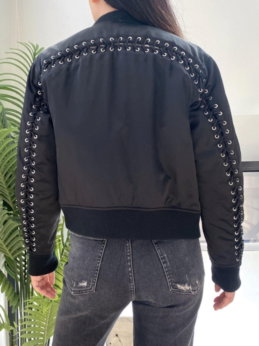 black lace up Phillip Lim bomber jacket